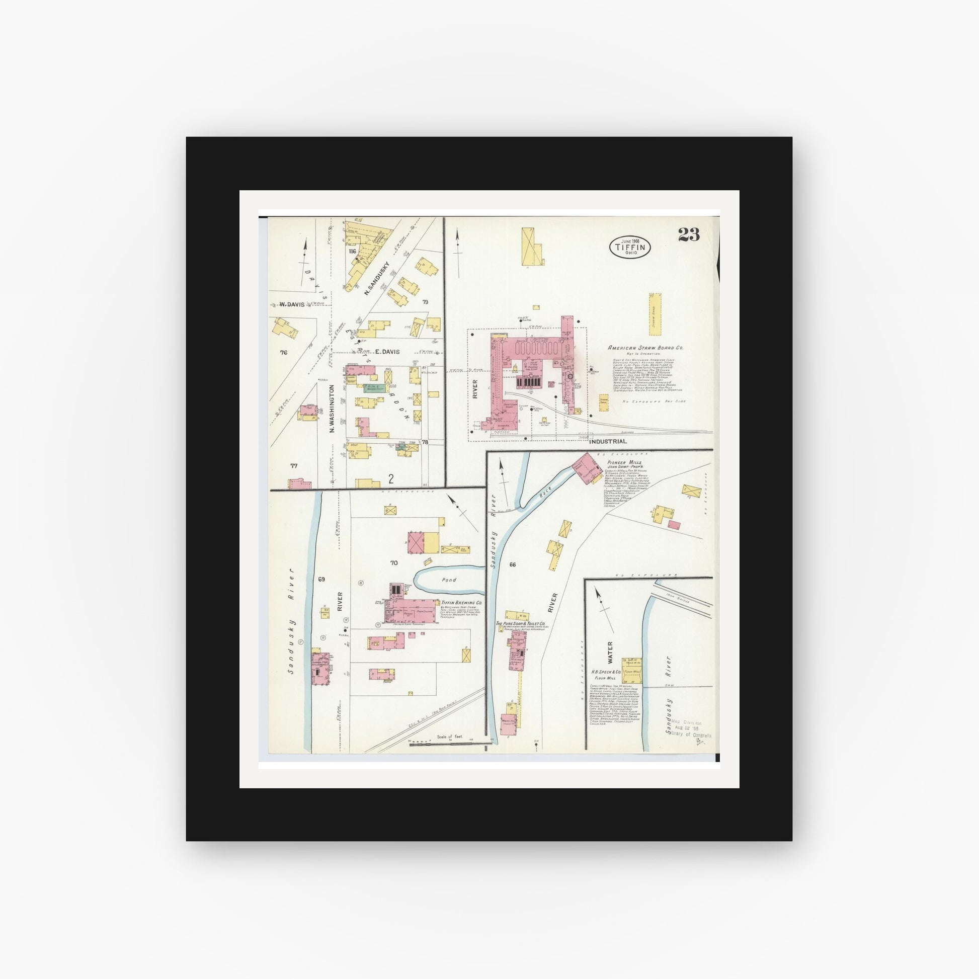 Old map wall art mockup — black gallery frame with white mat — Sanborn Fire Insurance Map from Tiffin, Seneca County, Ohio (1908), Sheet #0023