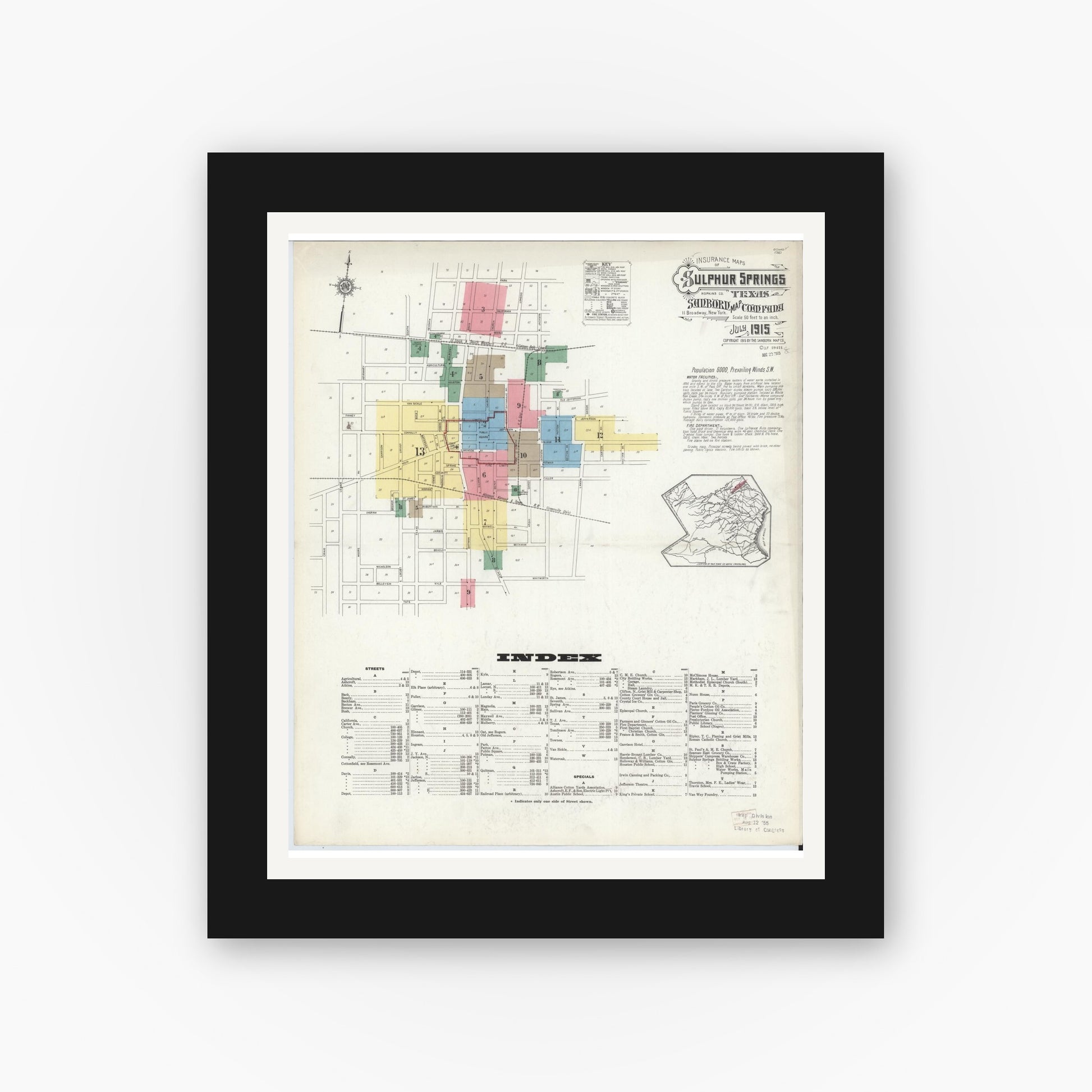 Old map wall art mockup — black gallery frame with white mat — Sanborn Fire Insurance Map from Sulphur Springs, Hopkins County, Texas (1915) - Complete Map Set