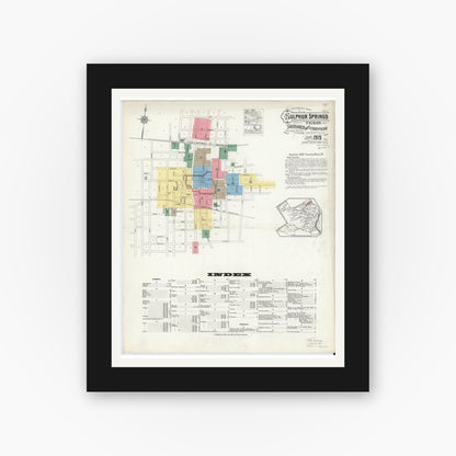 Old map wall art mockup — black gallery frame with white mat — Sanborn Fire Insurance Map from Sulphur Springs, Hopkins County, Texas (1915) - Complete Map Set