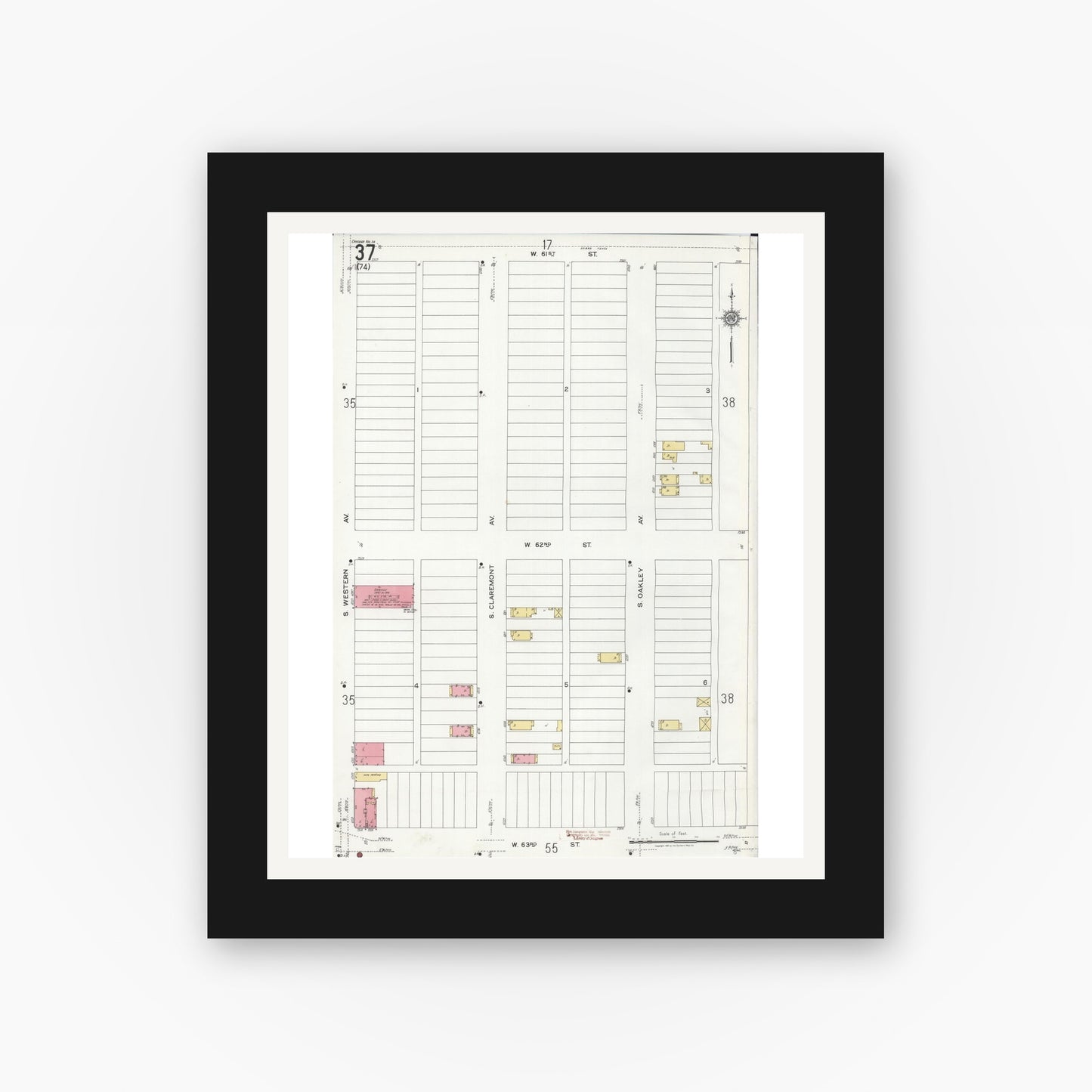 Old map wall art mockup — black gallery frame with white mat — Sanborn Fire Insurance Map from Chicago, Cook County, Illinois (1920), Sheet #0037