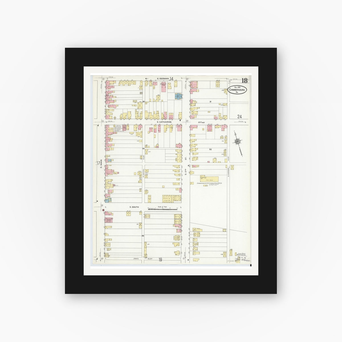 Old map wall art mockup — black gallery frame with white mat — Sanborn Fire Insurance Map from Chambersburg, Franklin County, Pennsylvania (1910), Sheet #0018