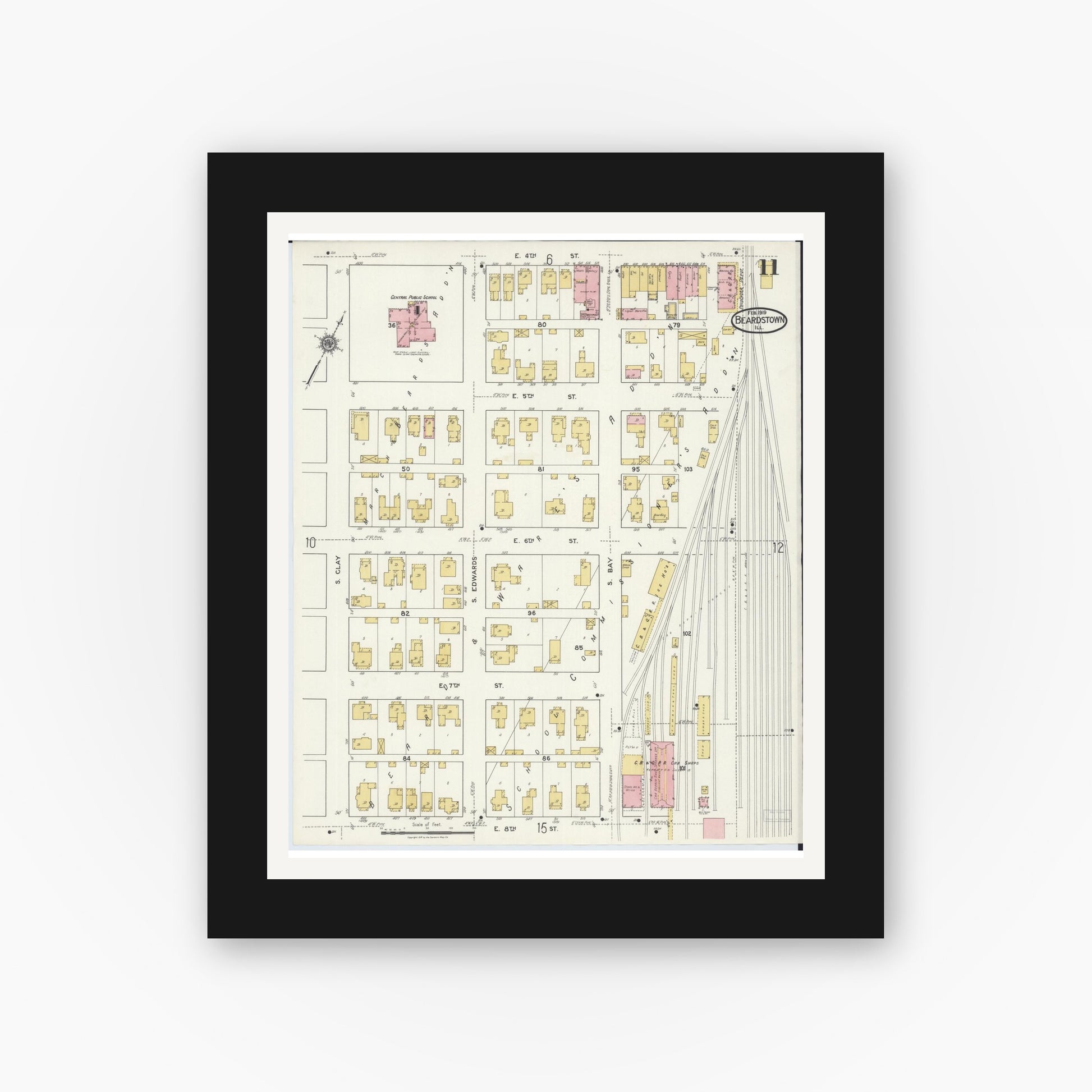 Old map wall art mockup — black gallery frame with white mat — Sanborn Fire Insurance Map from Beardstown, Cass County, Illinois (1919), Sheet #0011