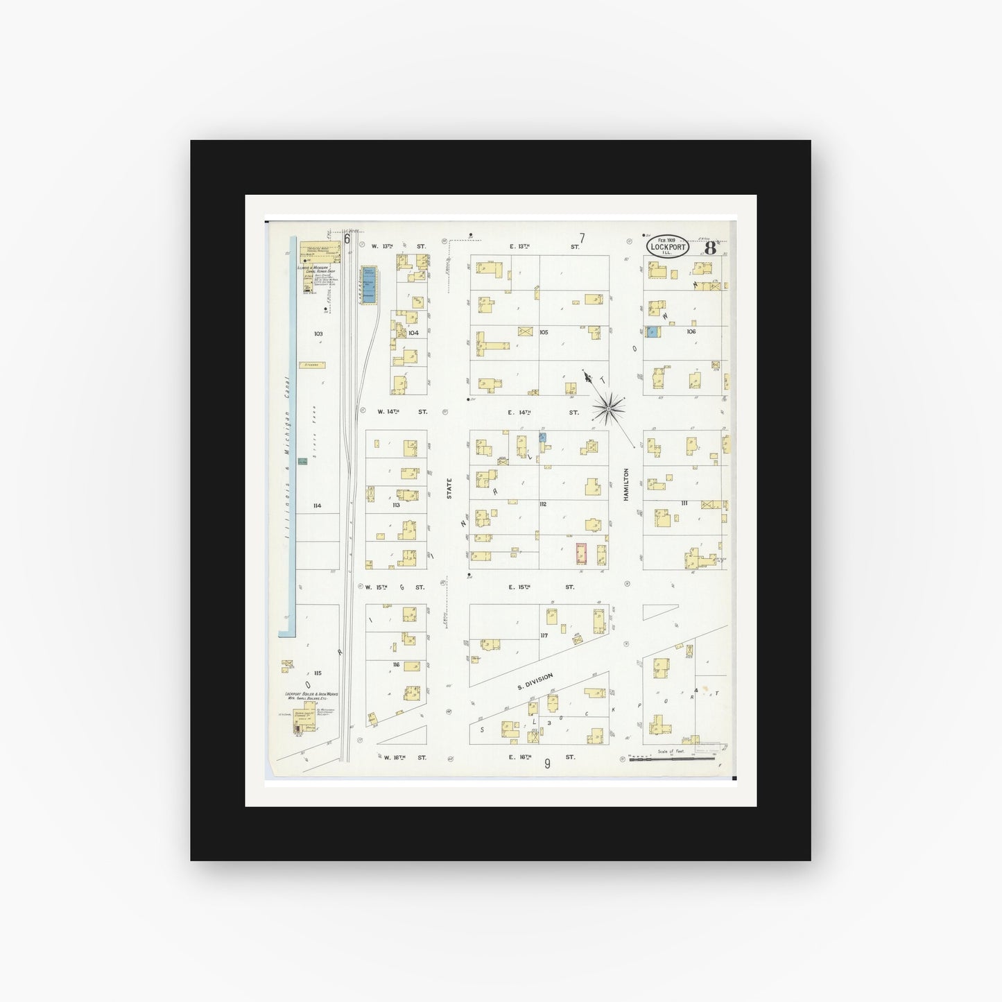 Old map wall art mockup — black gallery frame with white mat — Sanborn Fire Insurance Map from Lockport, Will County, Illinois (1909), Sheet #0008