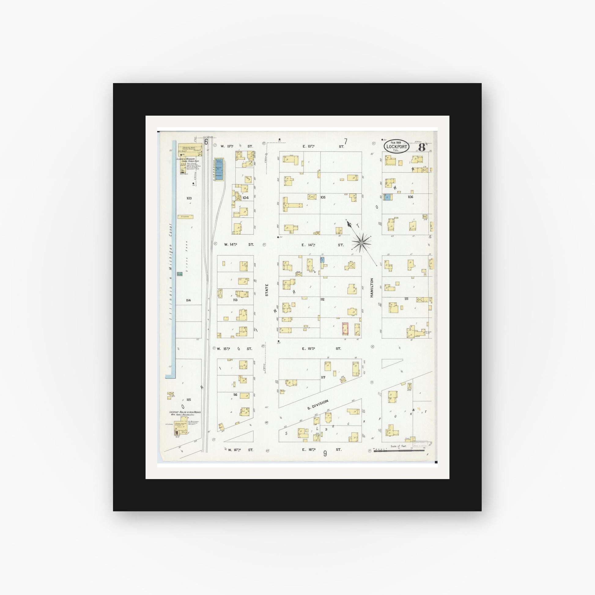 Old map wall art mockup — black gallery frame with white mat — Sanborn Fire Insurance Map from Lockport, Will County, Illinois (1909), Sheet #0008