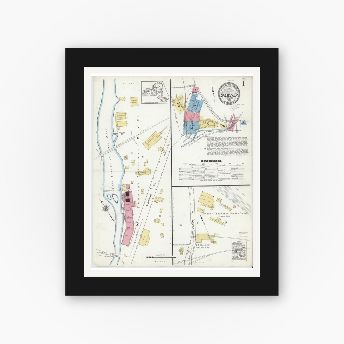Old map wall art mockup — black gallery frame with white mat — Sanborn Fire Insurance Map from Brewster, Putnam County, New York (1920) - Complete Map Set