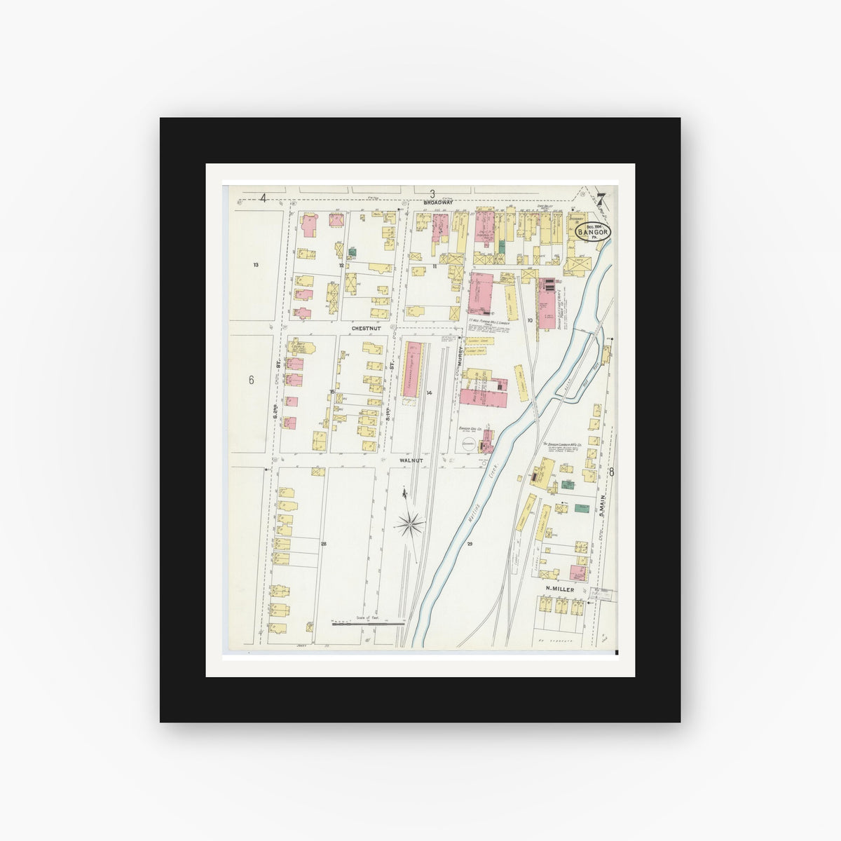 Old map wall art mockup — black gallery frame with white mat — Sanborn Fire Insurance Map from Bangor, Northampton County, Pennsylvania (1904), Sheet #0007