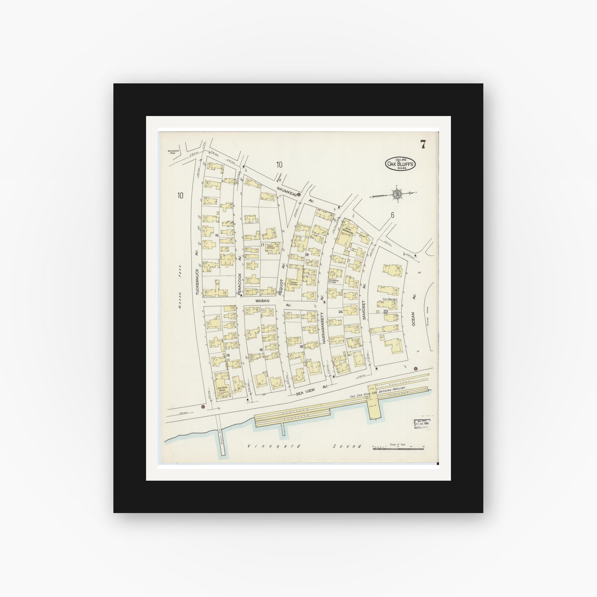 Old map wall art mockup — black gallery frame with white mat — Sanborn Fire Insurance Map from Oak Bluffs, Dukes County, Massachusetts (1914), Sheet #0007