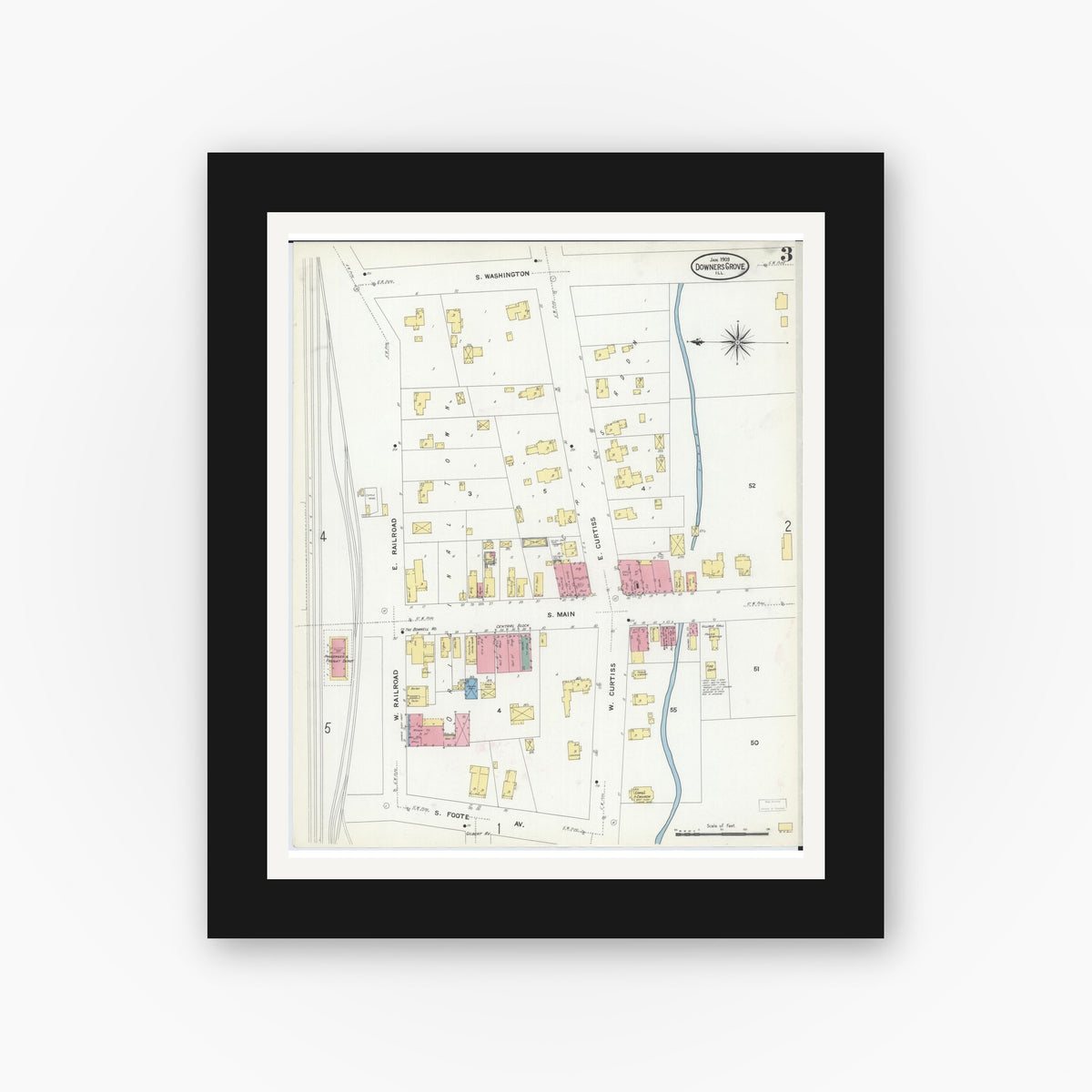 Old map wall art mockup — black gallery frame with white mat — Sanborn Fire Insurance Map from Downers Grove, Dupage County, Illinois (1909), Sheet #0003