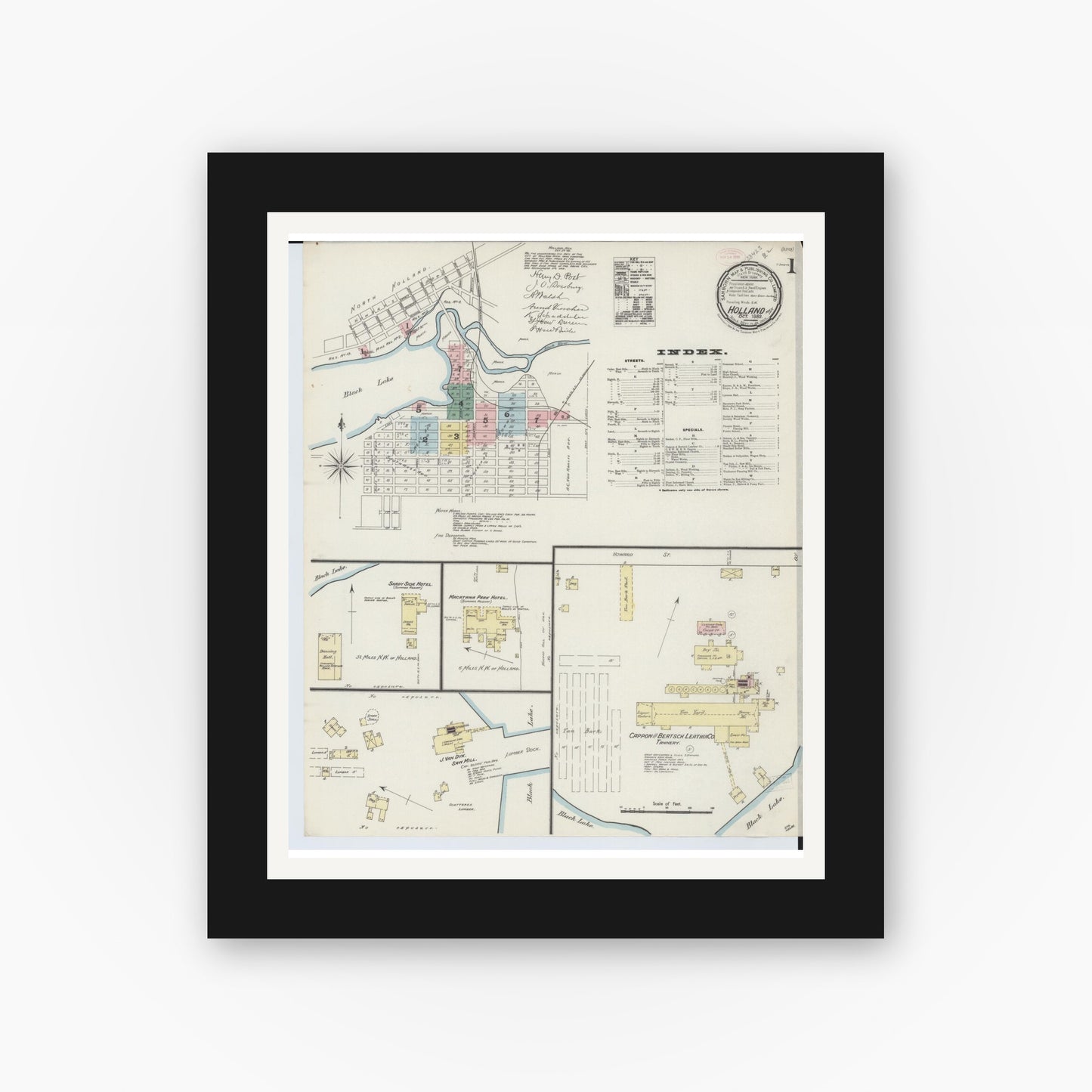 Old map wall art mockup — black gallery frame with white mat — Sanborn Fire Insurance Map from Holland, Ottawa County, Michigan (1889) - Complete Map Set
