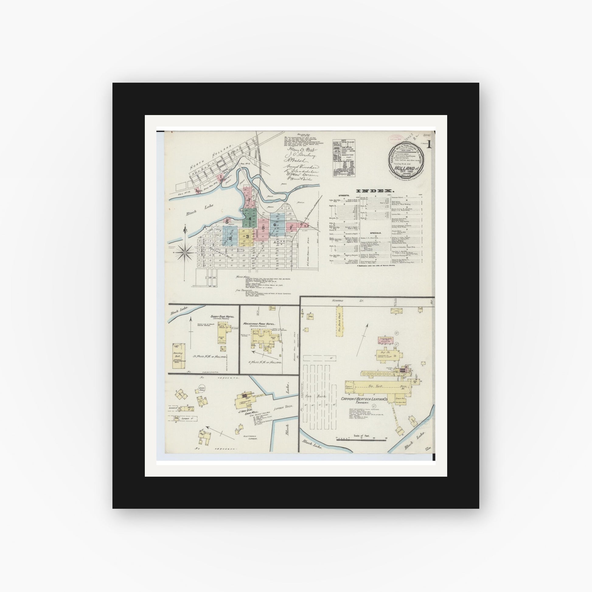 Old map wall art mockup — black gallery frame with white mat — Sanborn Fire Insurance Map from Holland, Ottawa County, Michigan (1889) - Complete Map Set