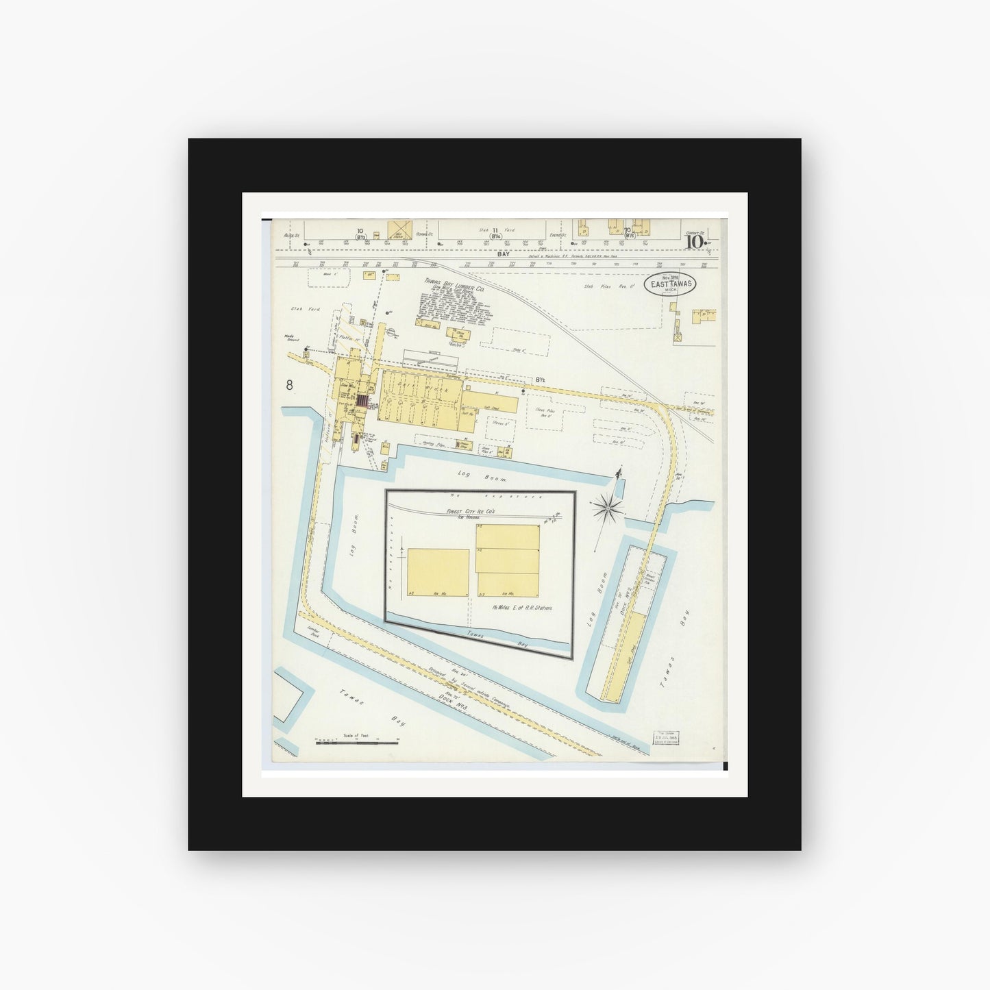 Old map wall art mockup — black gallery frame with white mat — Sanborn Fire Insurance Map from East Tawas, Iosco County, Michigan (1898), Sheet #0010