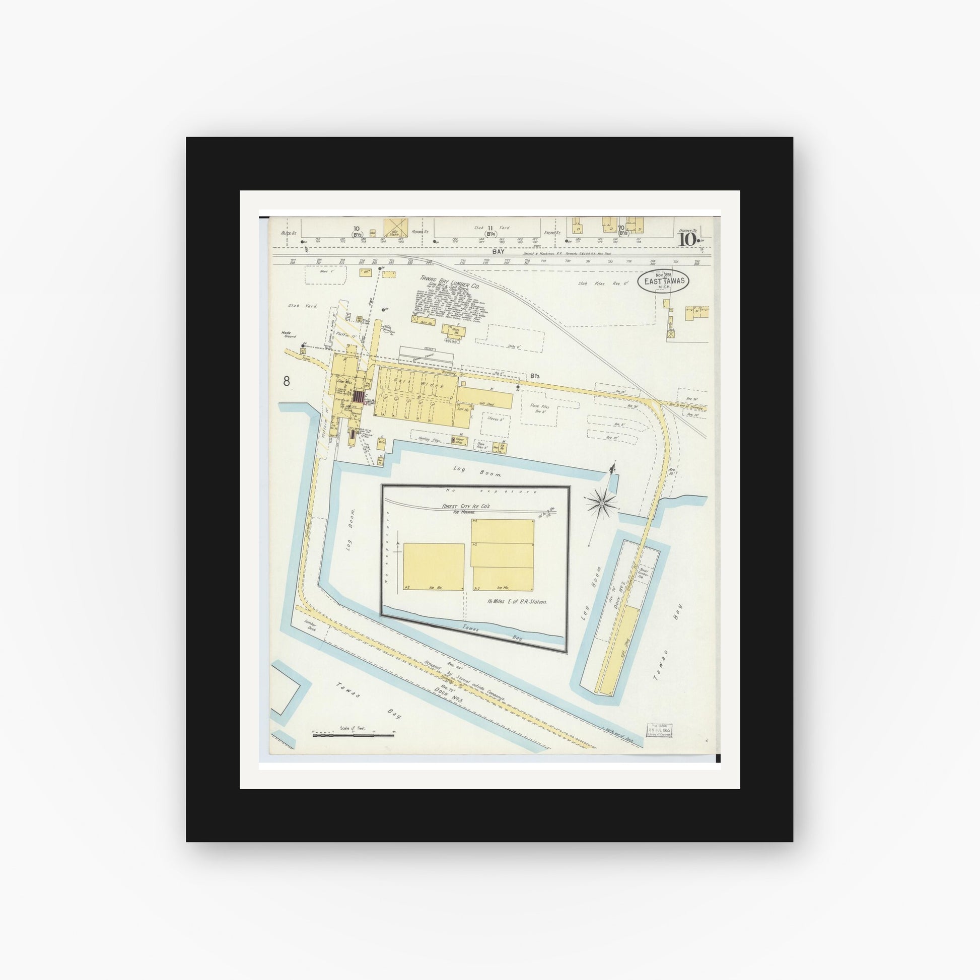 Old map wall art mockup — black gallery frame with white mat — Sanborn Fire Insurance Map from East Tawas, Iosco County, Michigan (1898), Sheet #0010