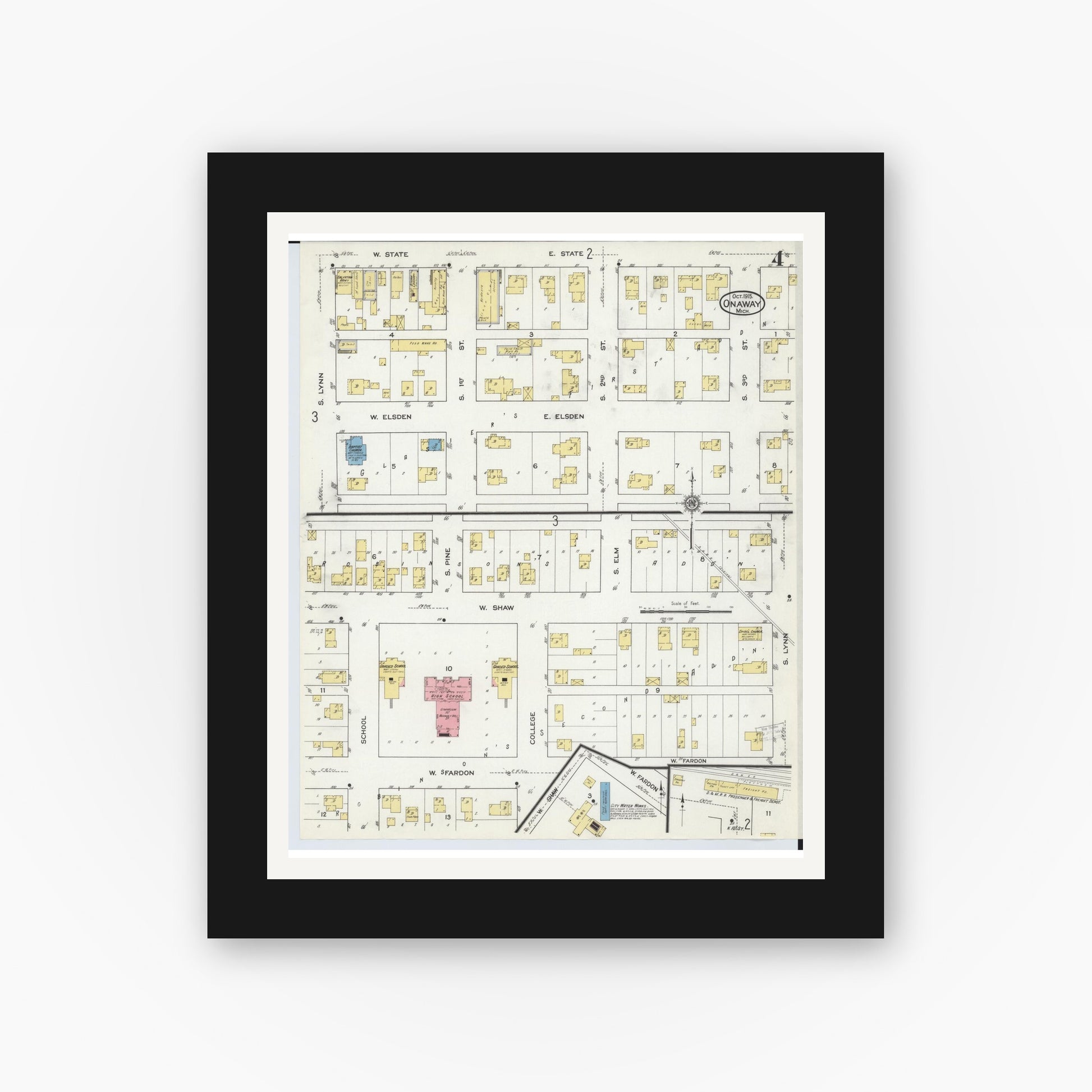 Old map wall art mockup — black gallery frame with white mat — Sanborn Fire Insurance Map from Onaway, Presque Isle County, Michigan (1915), Sheet #0004