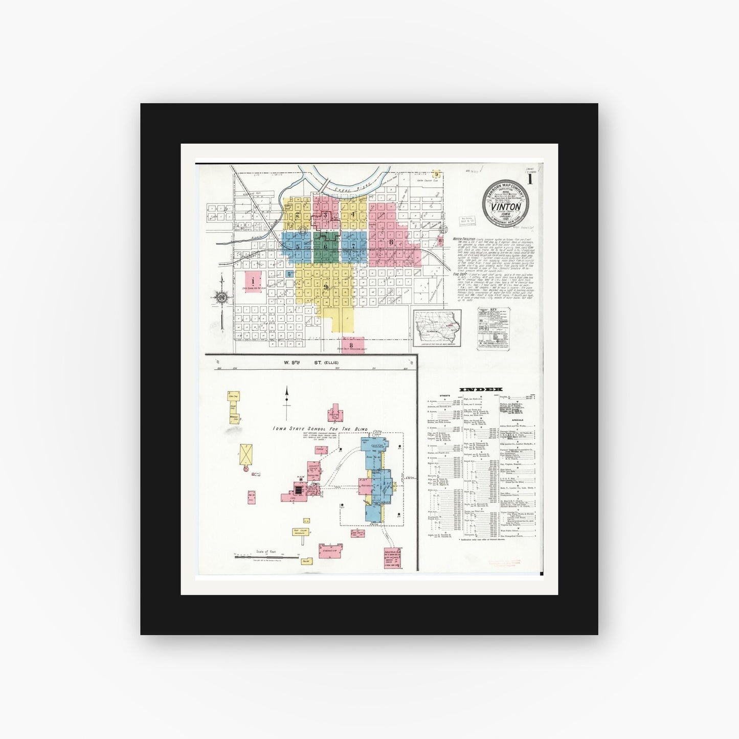 Old map wall art mockup — black gallery frame with white mat — Sanborn Fire Insurance Map from Vinton, Benton County, Iowa (1921), Sheet #0001
