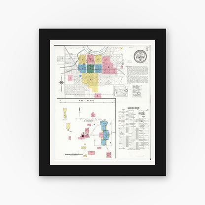 Old map wall art mockup — black gallery frame with white mat — Sanborn Fire Insurance Map from Vinton, Benton County, Iowa (1921), Sheet #0001
