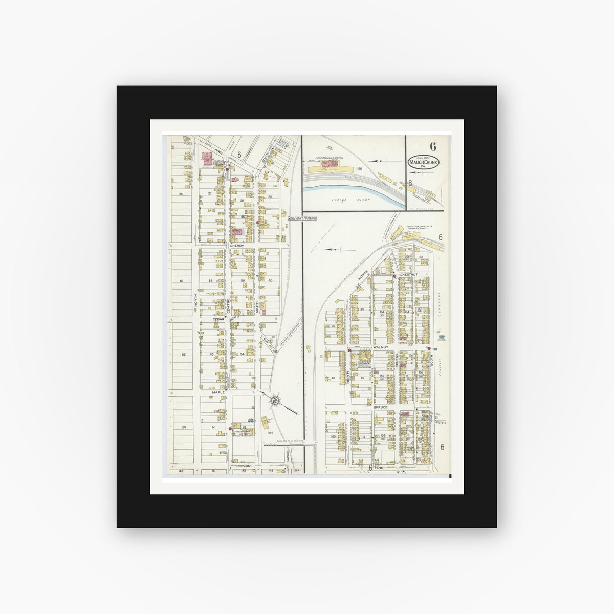 Old map wall art mockup — black gallery frame with white mat — Sanborn Fire Insurance Map from Mauch Chunk, Carbon County, Pennsylvania (1915), Sheet #0006