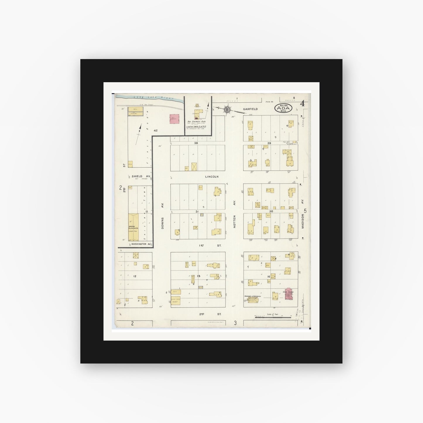 Old map wall art mockup — black gallery frame with white mat — Sanborn Fire Insurance Map from Ada, Norman County, Minnesota (1916), Sheet #0004