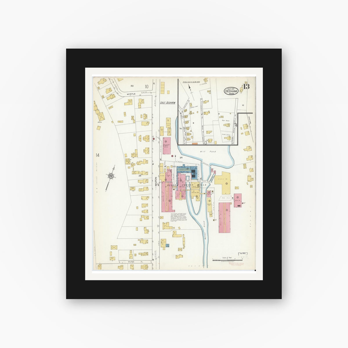 Old map wall art mockup — black gallery frame with white mat — Sanborn Fire Insurance Map from Dedham, Norfolk County, Massachusetts (1917), Sheet #0013