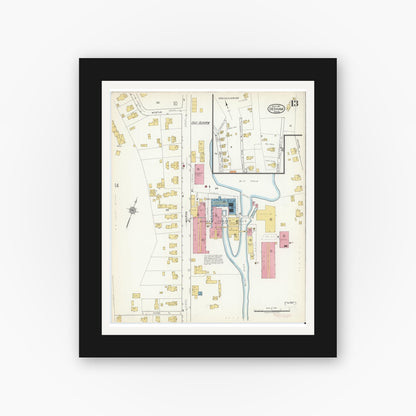 Old map wall art mockup — black gallery frame with white mat — Sanborn Fire Insurance Map from Dedham, Norfolk County, Massachusetts (1917), Sheet #0013
