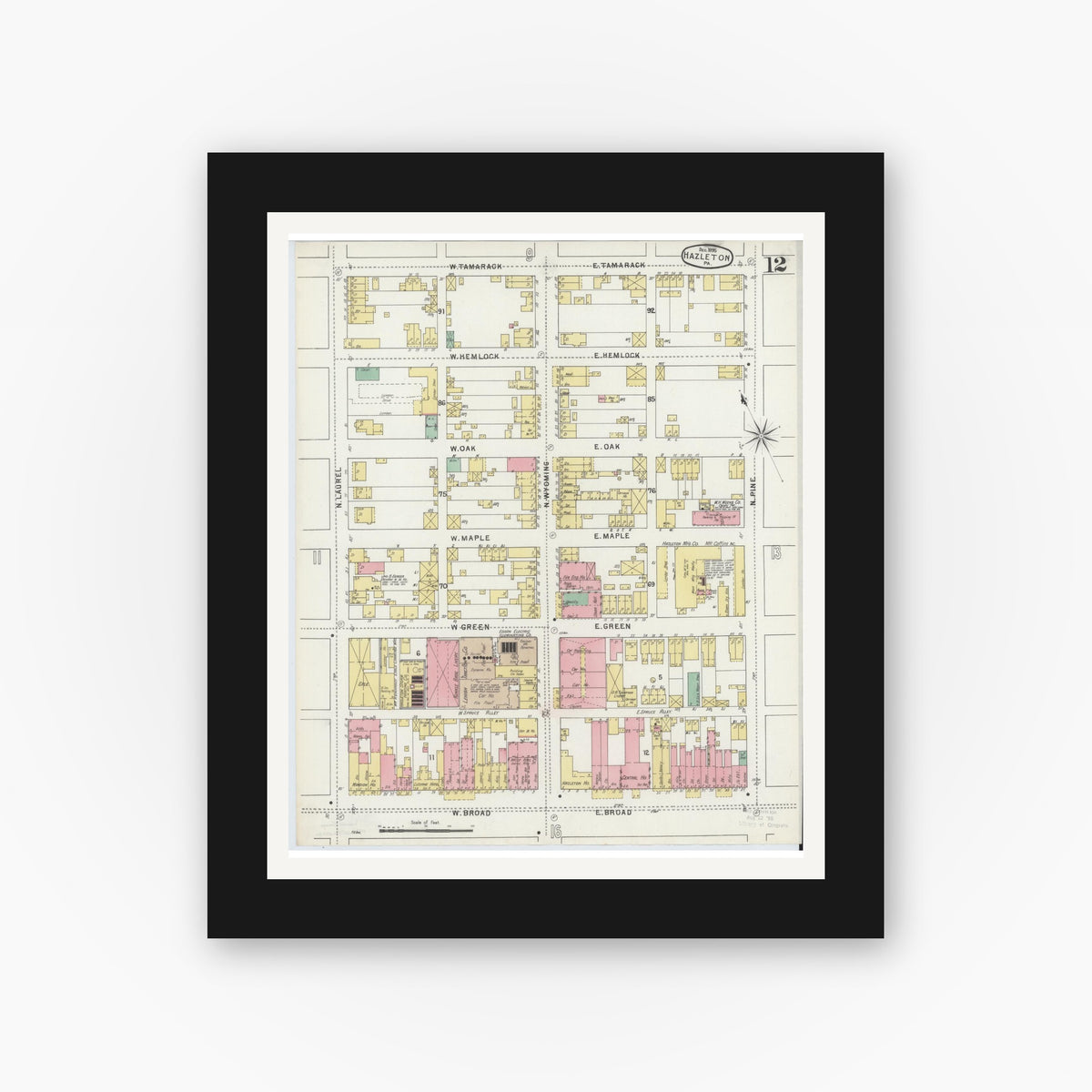 Old map wall art mockup — black gallery frame with white mat — Sanborn Fire Insurance Map from Hazleton, Luzerne County, Pennsylvania (1895), Sheet #0012