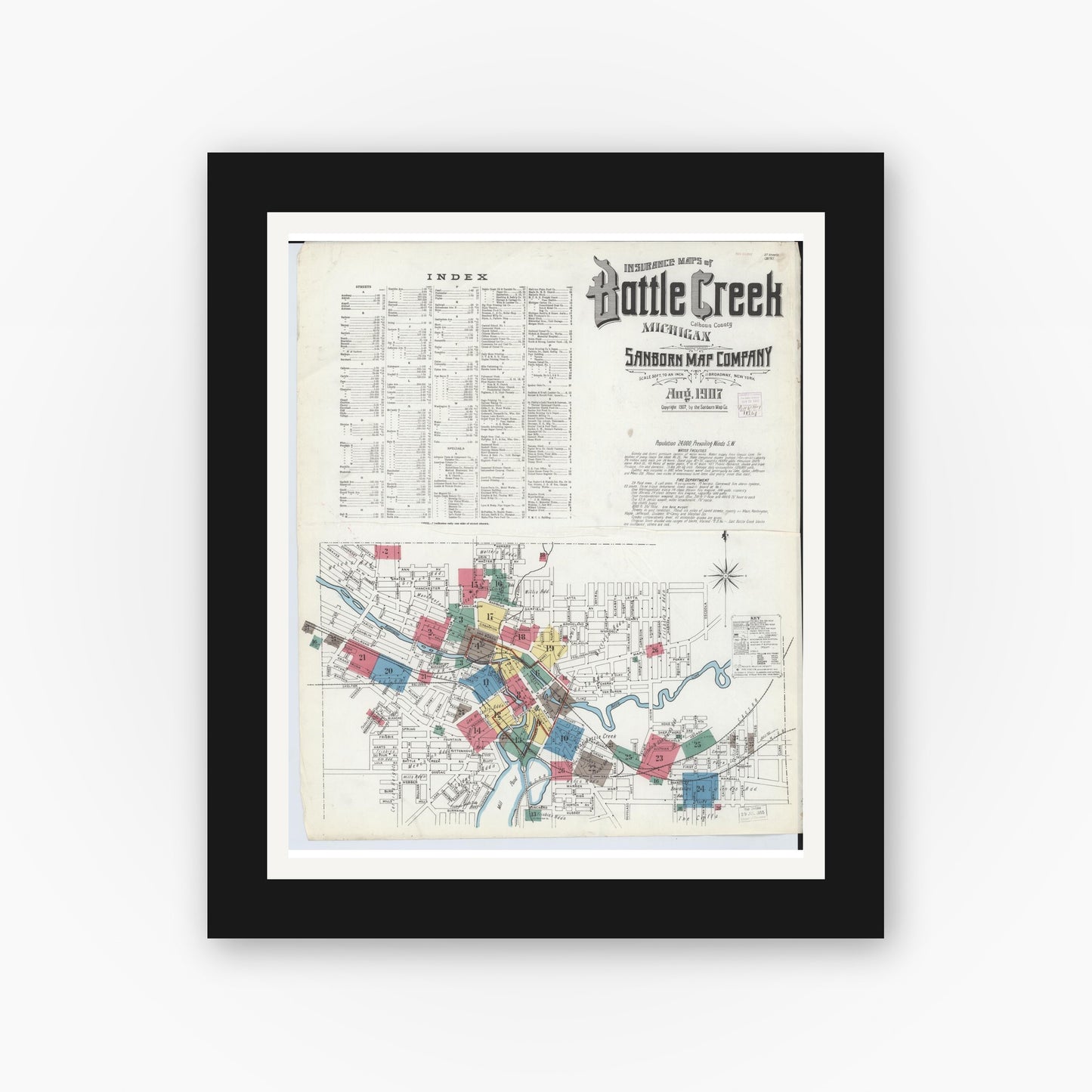 Old map wall art mockup — black gallery frame with white mat — Sanborn Fire Insurance Map from Battle Creek, Calhoun County, Michigan (1907) - Complete Map Set