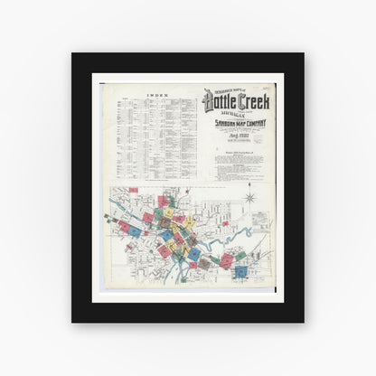 Old map wall art mockup — black gallery frame with white mat — Sanborn Fire Insurance Map from Battle Creek, Calhoun County, Michigan (1907) - Complete Map Set