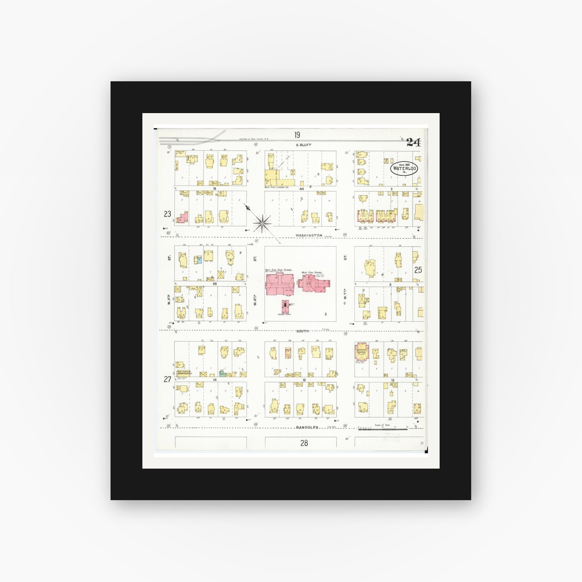 Old map wall art mockup — black gallery frame with white mat — Sanborn Fire Insurance Map from Waterloo, Black Hawk County, Iowa (1906), Sheet #0024