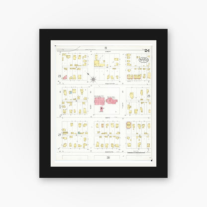 Old map wall art mockup — black gallery frame with white mat — Sanborn Fire Insurance Map from Waterloo, Black Hawk County, Iowa (1906), Sheet #0024