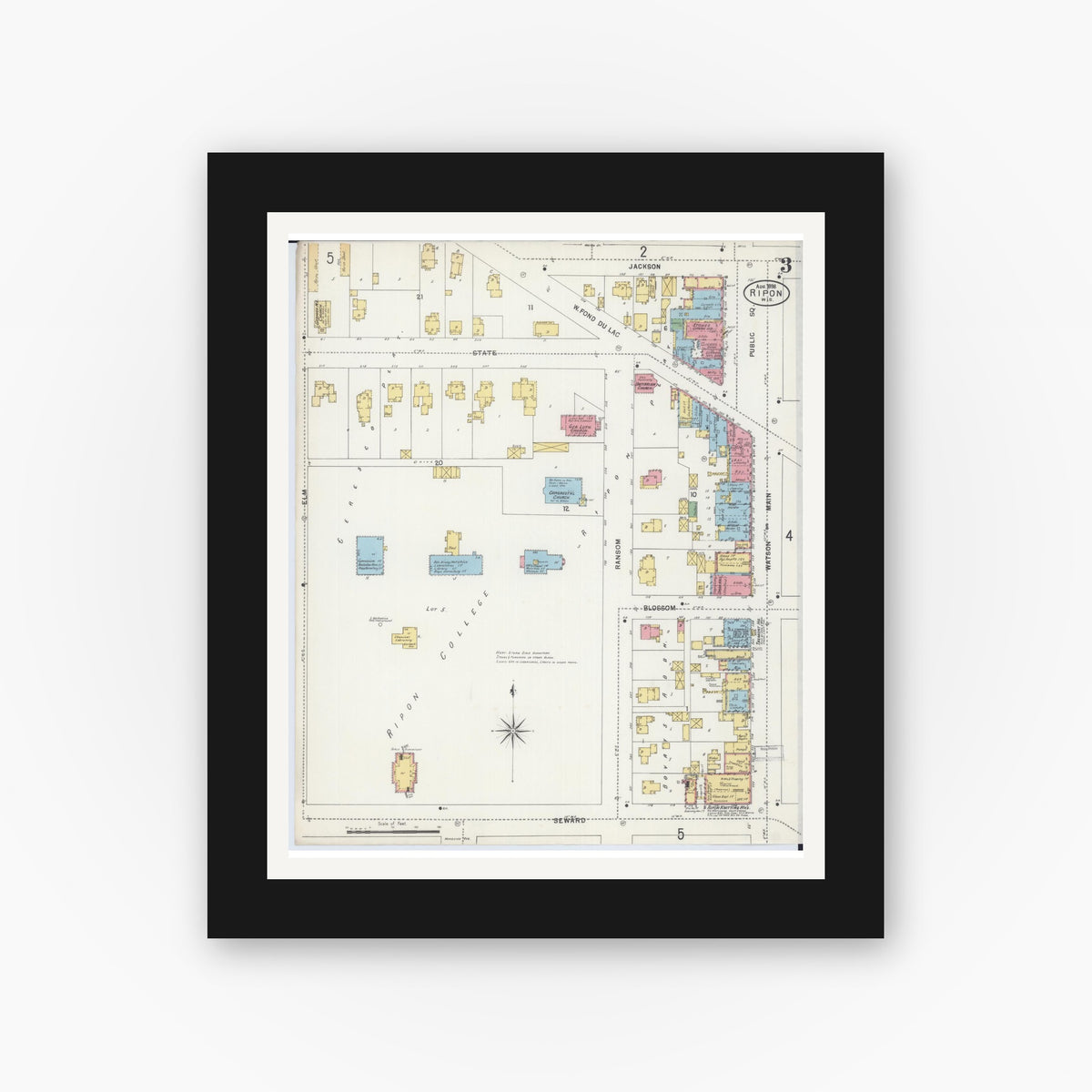 Old map wall art mockup — black gallery frame with white mat — Sanborn Fire Insurance Map from Ripon, Fond du Lac County, Wisconsin (1898), Sheet #0003
