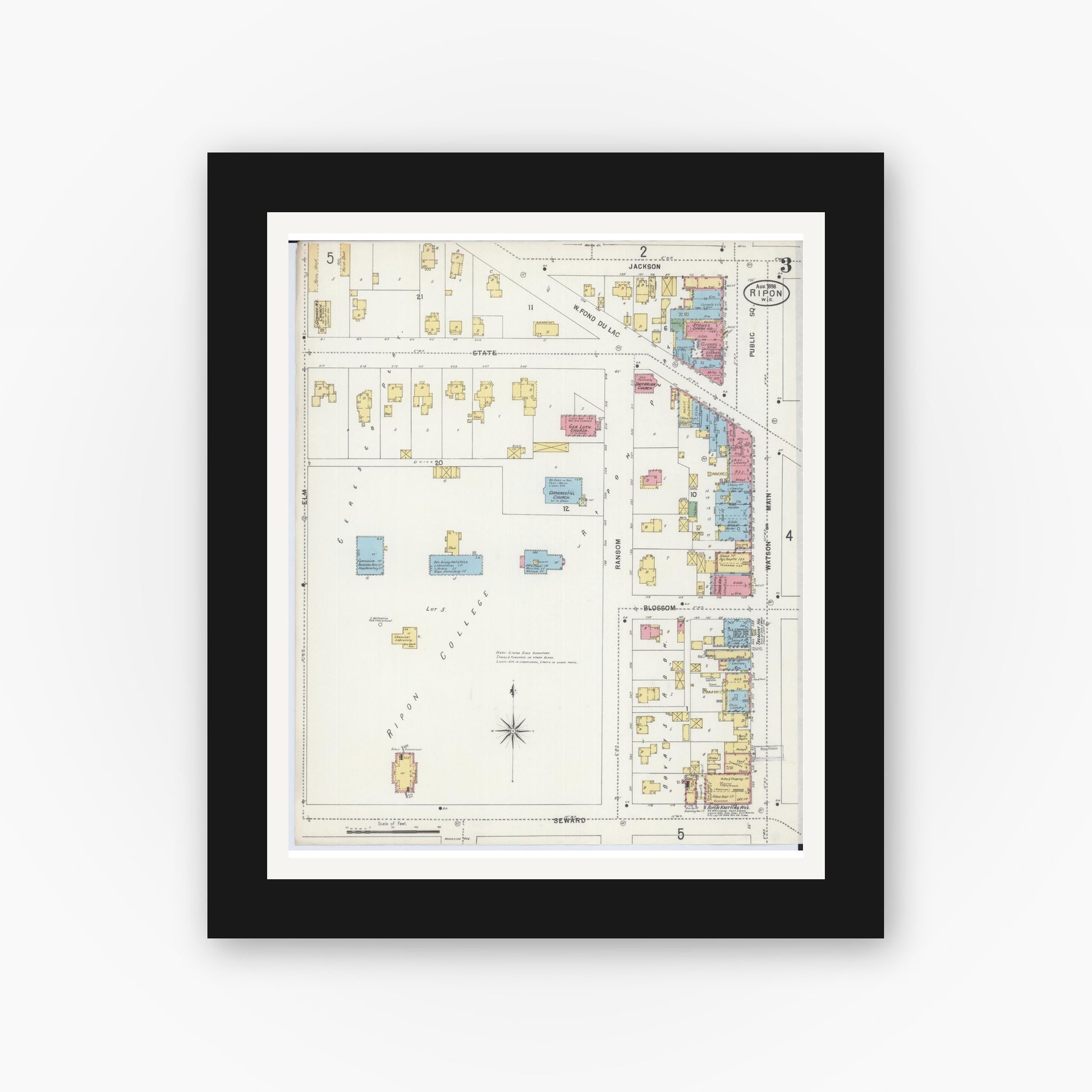 Old map wall art mockup — black gallery frame with white mat — Sanborn Fire Insurance Map from Ripon, Fond du Lac County, Wisconsin (1898), Sheet #0003