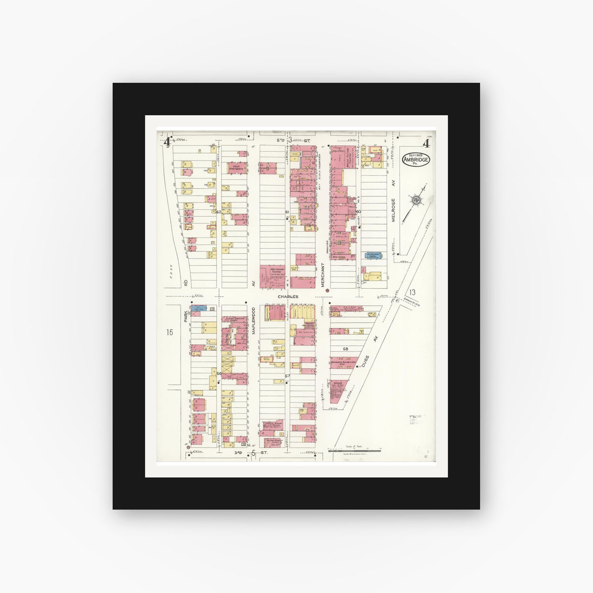 Old map wall art mockup — black gallery frame with white mat — Sanborn Fire Insurance Map from Ambridge, Beaver County, Pennsylvania (1923), Sheet #0004