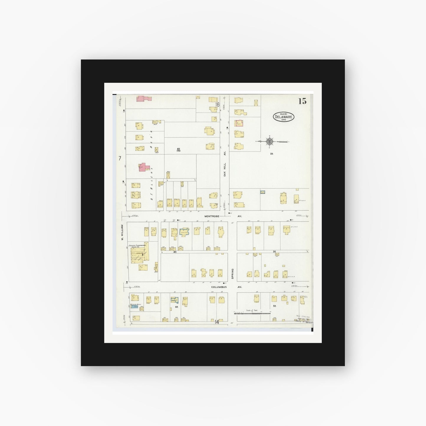 Old map wall art mockup — black gallery frame with white mat — Sanborn Fire Insurance Map from Delaware, Delaware County, Ohio (1911), Sheet #0015