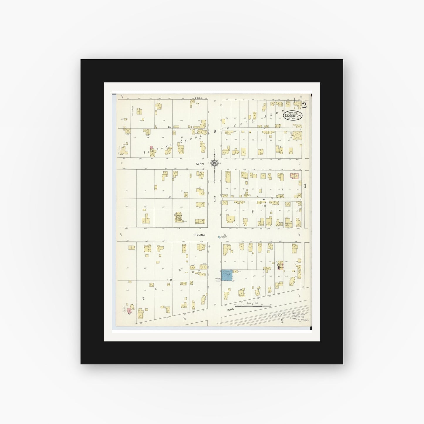 Old map wall art mockup — black gallery frame with white mat — Sanborn Fire Insurance Map from Edgerton, Williams County, Ohio (1913), Sheet #0002