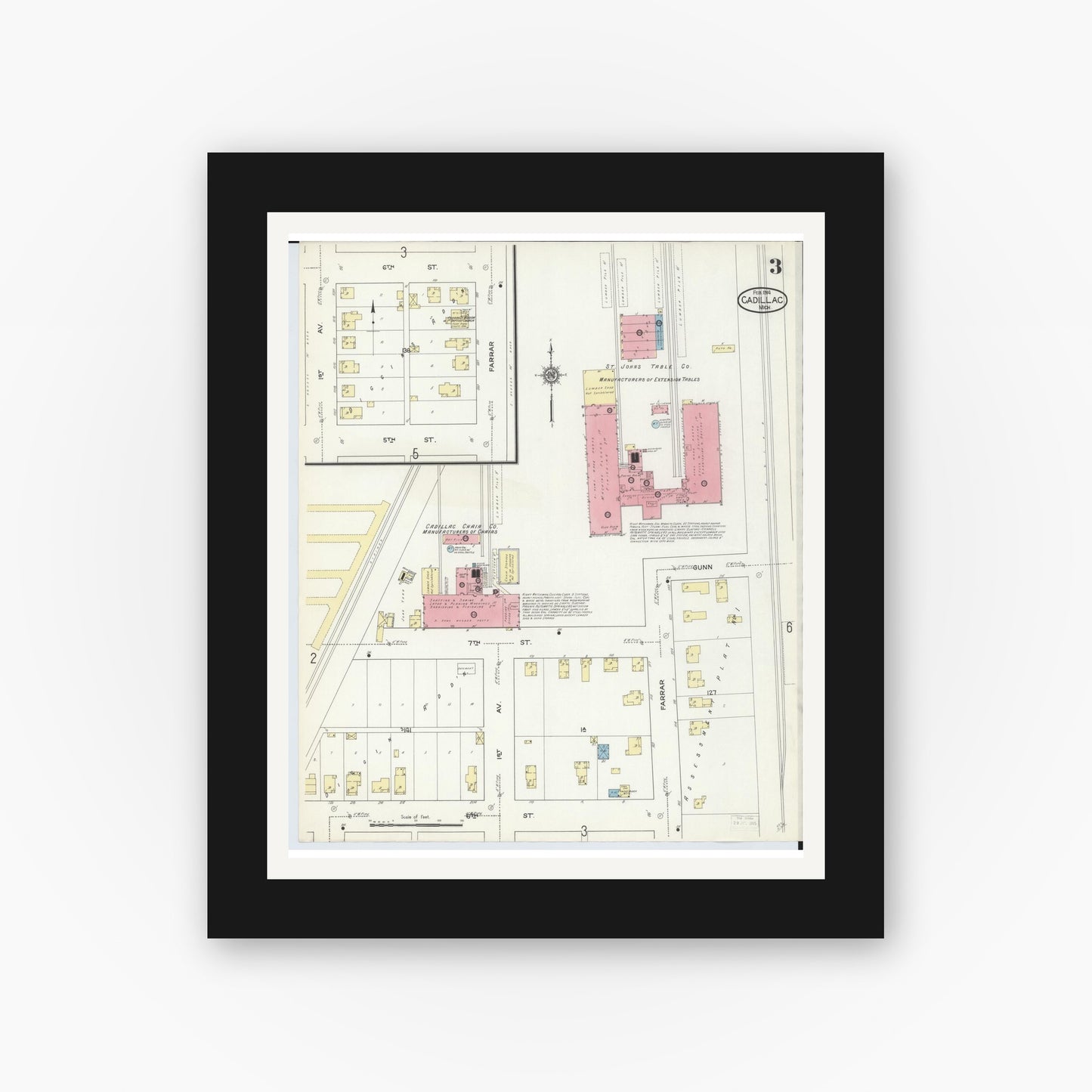 Old map wall art mockup — black gallery frame with white mat — Sanborn Fire Insurance Map from Cadillac, Wexford County, Michigan (1914), Sheet #0003