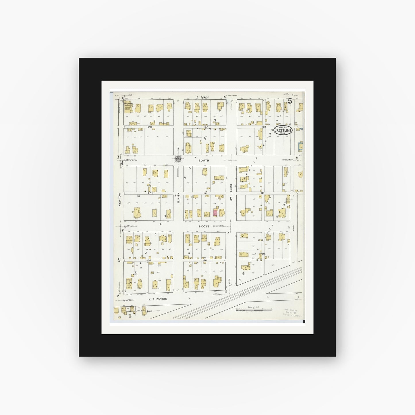 Old map wall art mockup — black gallery frame with white mat — Sanborn Fire Insurance Map from Crestline, Crawford County, Ohio (1921), Sheet #0005