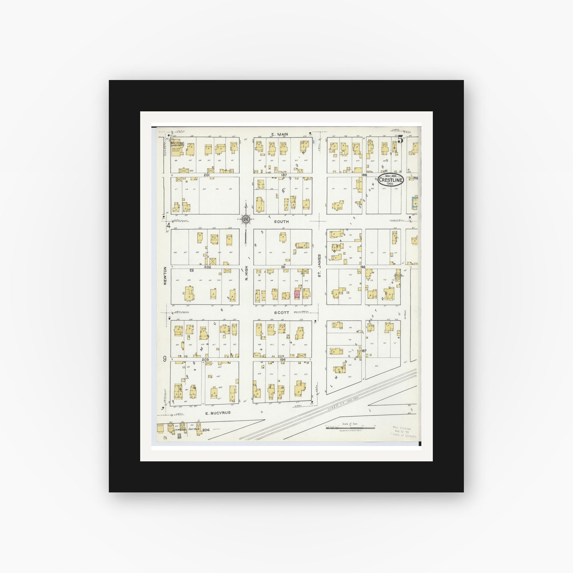 Old map wall art mockup — black gallery frame with white mat — Sanborn Fire Insurance Map from Crestline, Crawford County, Ohio (1921), Sheet #0005