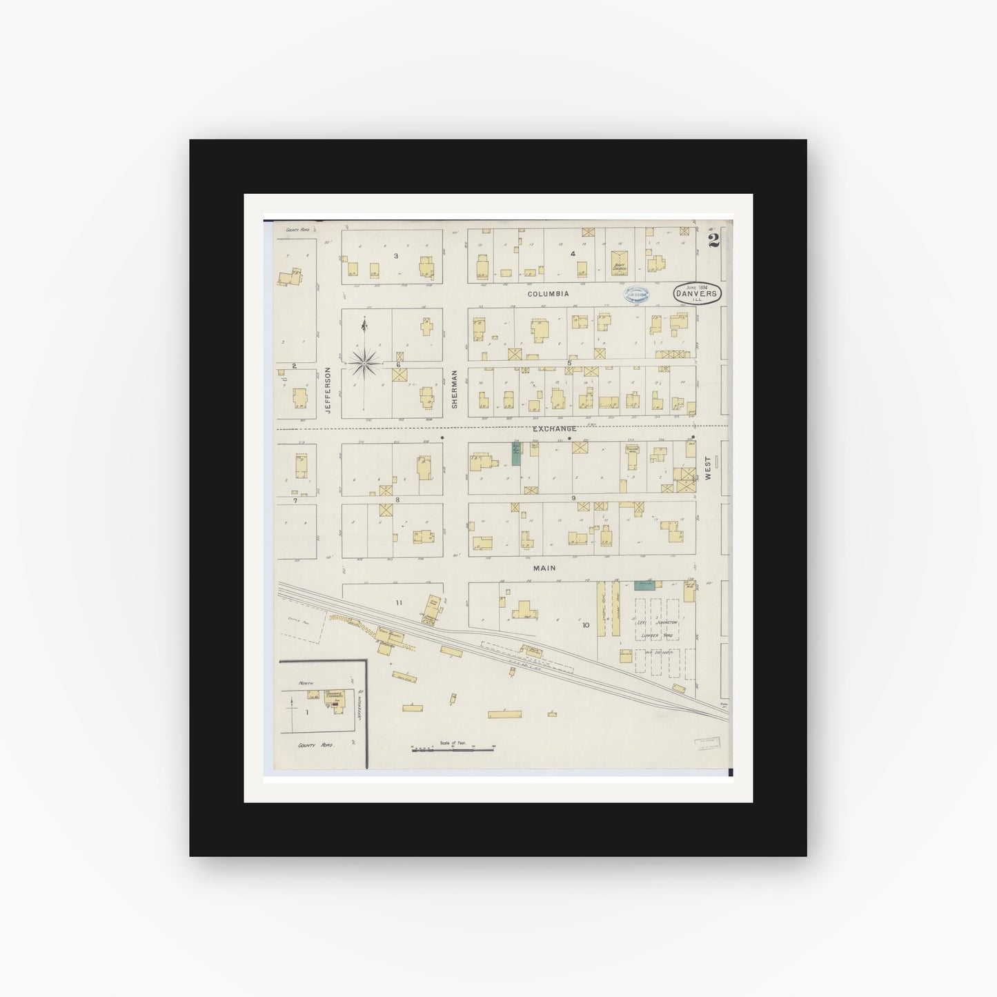 Old map wall art mockup — black gallery frame with white mat — Sanborn Fire Insurance Map from Danvers, McLean County, Illinois (1894), Sheet #0002