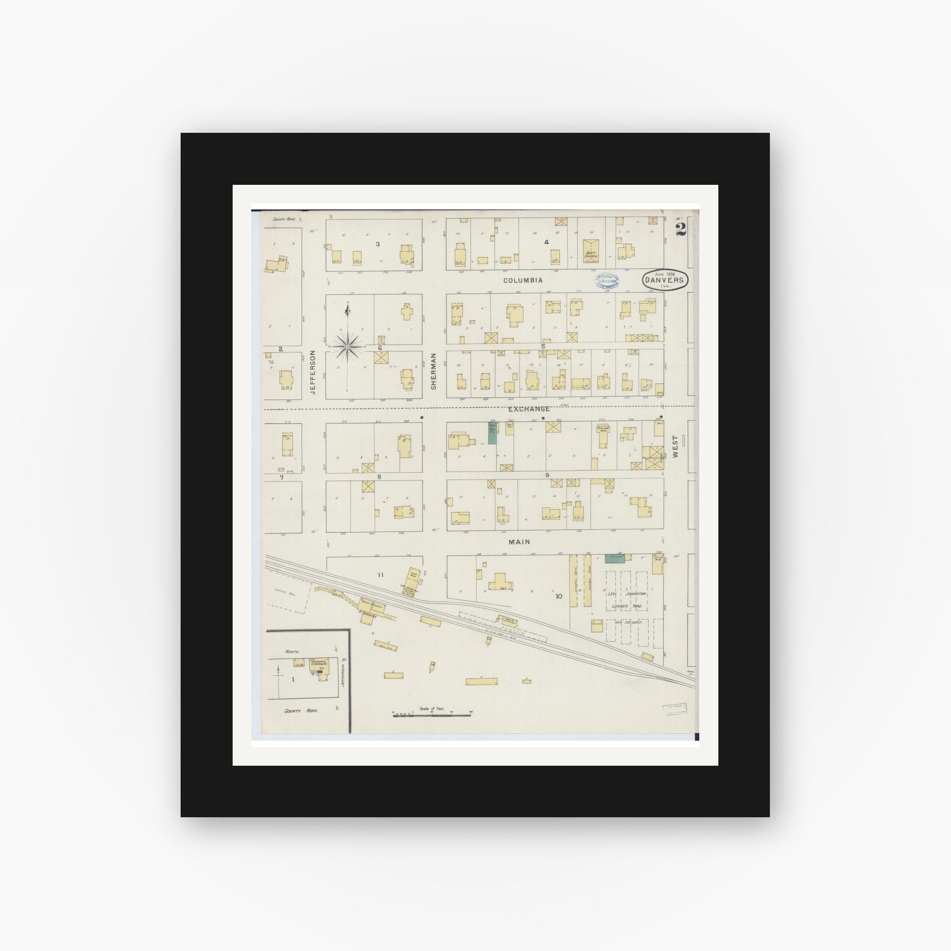 Old map wall art mockup — black gallery frame with white mat — Sanborn Fire Insurance Map from Danvers, McLean County, Illinois (1894), Sheet #0002