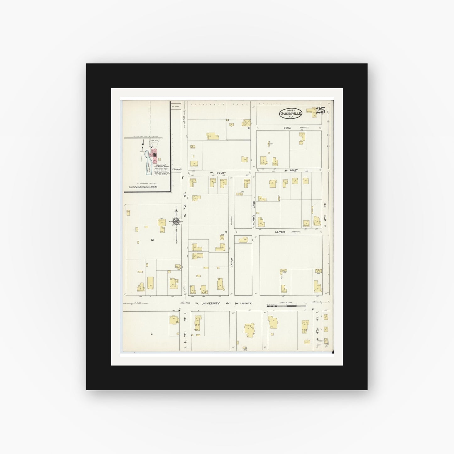 Old map wall art mockup — black gallery frame with white mat — Sanborn Fire Insurance Map from Gainesville, Alachua County, Florida (1913), Sheet #0025