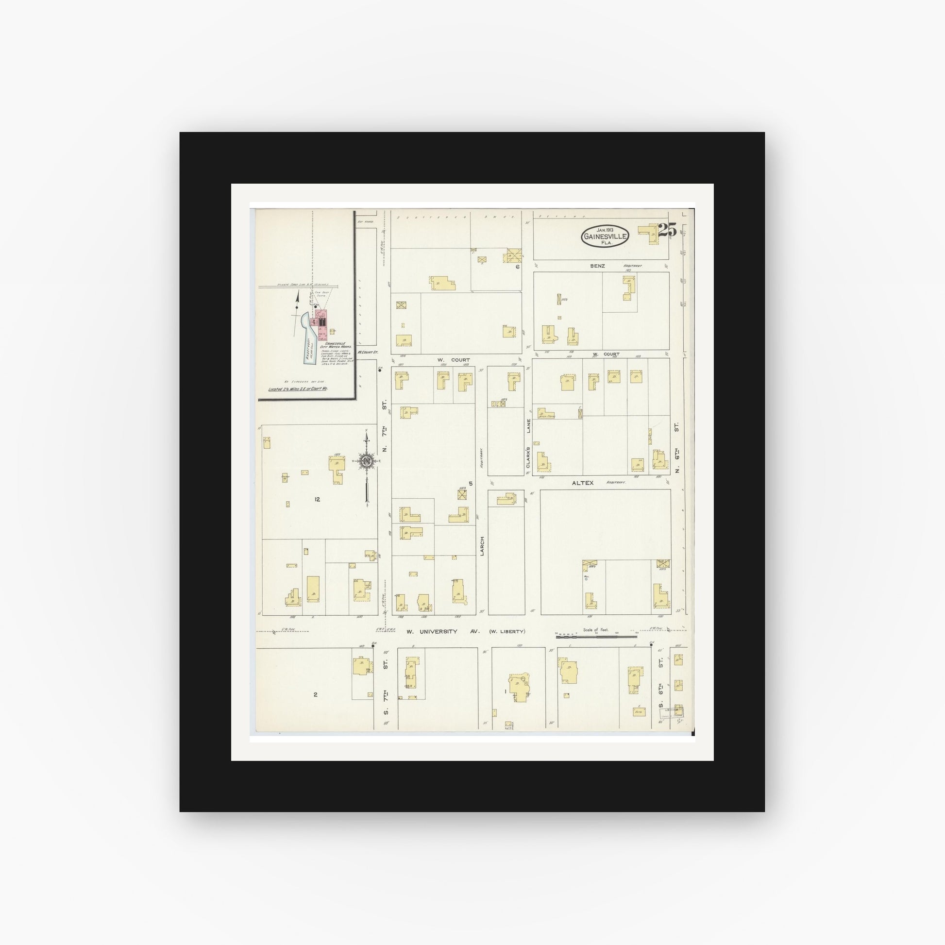 Old map wall art mockup — black gallery frame with white mat — Sanborn Fire Insurance Map from Gainesville, Alachua County, Florida (1913), Sheet #0025