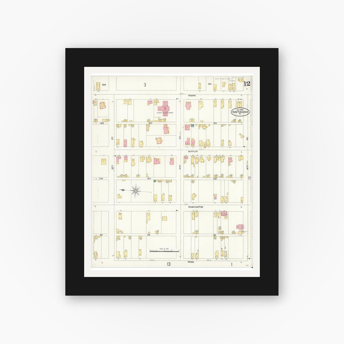 Old map wall art mockup — black gallery frame with white mat — Sanborn Fire Insurance Map from Huntingdon, Huntingdon County, Pennsylvania (1906), Sheet #0012