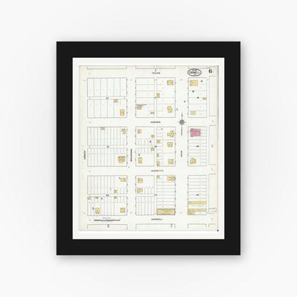 Old map wall art mockup — black gallery frame with white mat — Sanborn Fire Insurance Map from Crowell, Foard County, Texas (1921), Sheet #0006