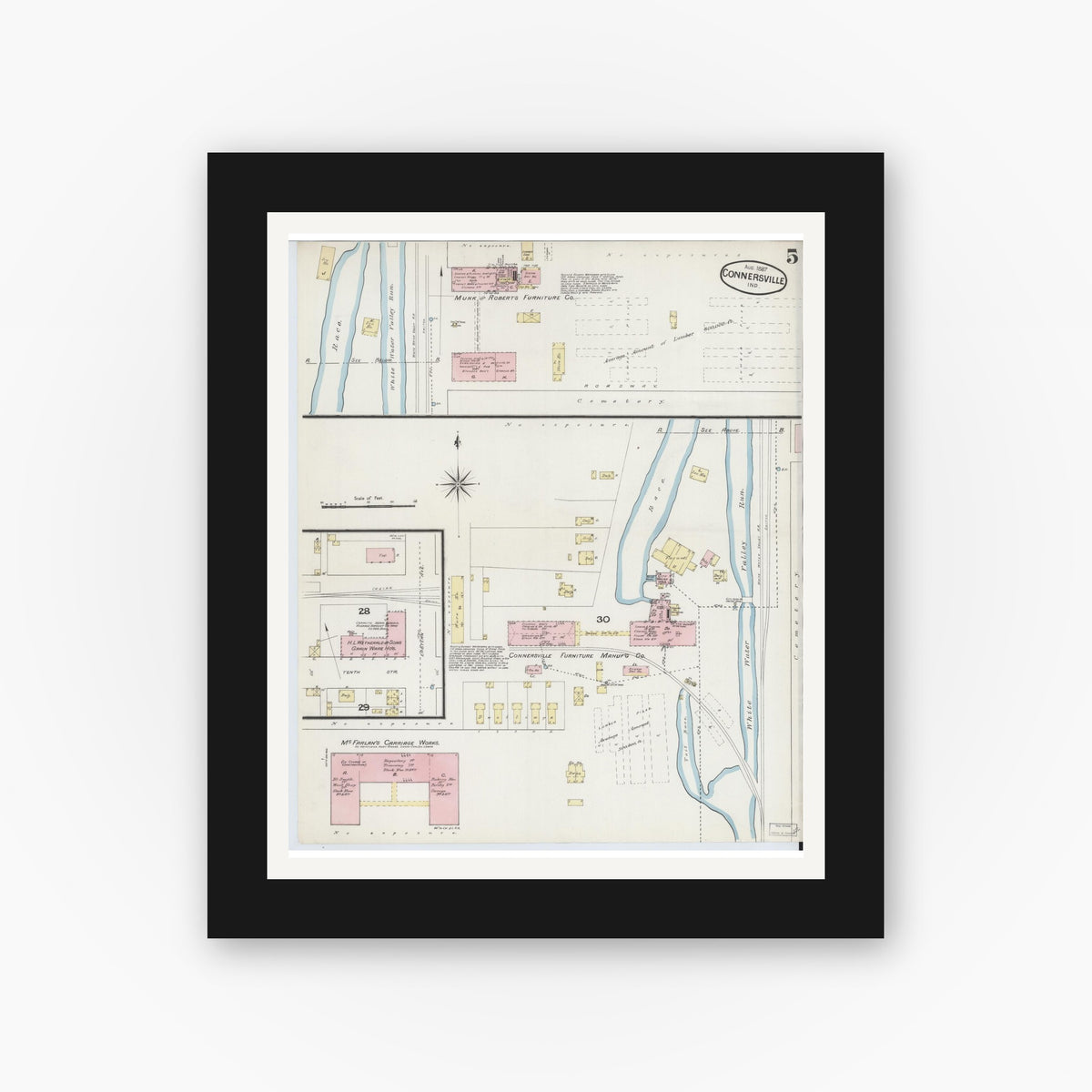 Old map wall art mockup — black gallery frame with white mat — Sanborn Fire Insurance Map from Connersville, Fayette County, Indiana (1887), Sheet #0005