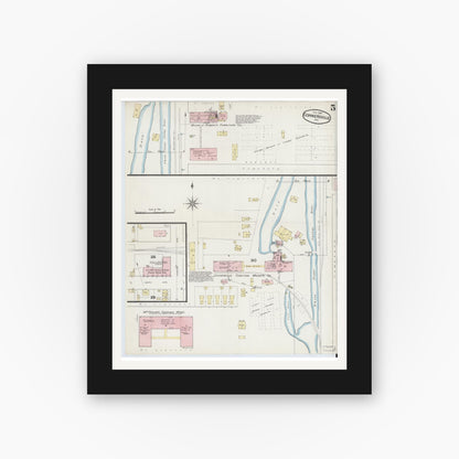 Old map wall art mockup — black gallery frame with white mat — Sanborn Fire Insurance Map from Connersville, Fayette County, Indiana (1887), Sheet #0005