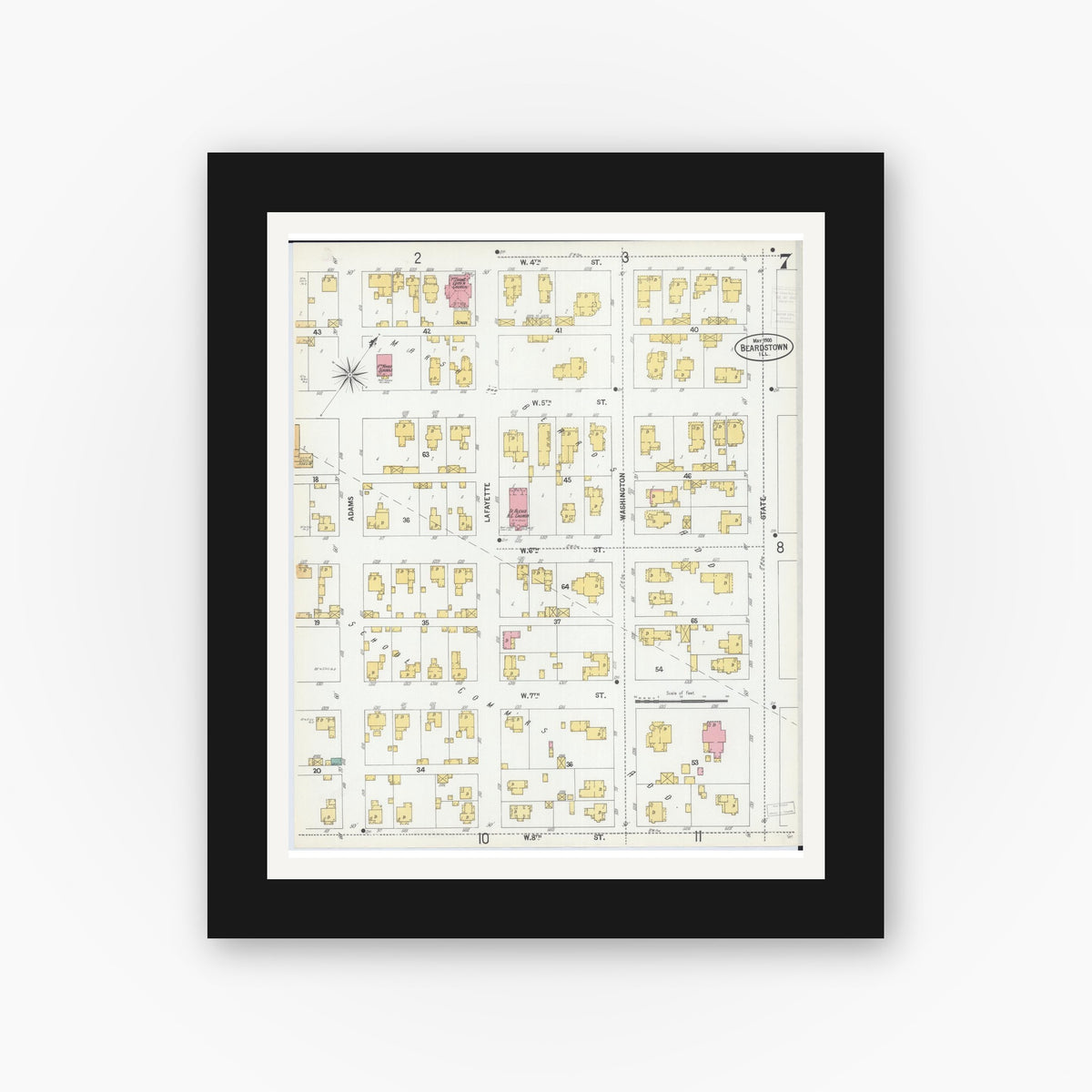 Old map wall art mockup — black gallery frame with white mat — Sanborn Fire Insurance Map from Beardstown, Cass County, Illinois (1900), Sheet #0007