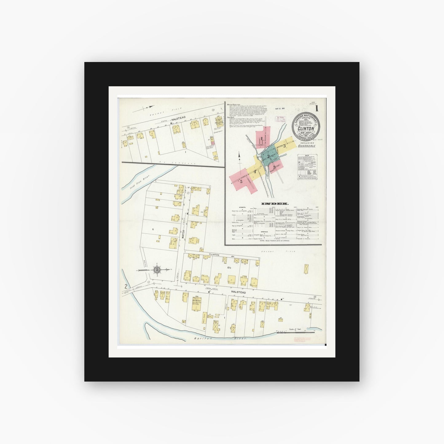 Old map wall art mockup — black gallery frame with white mat — Sanborn Fire Insurance Map from Clinton, Hunterdon County, New Jersey (1912), Sheet #0001
