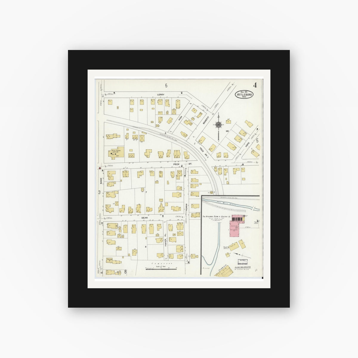 Old map wall art mockup — black gallery frame with white mat — Sanborn Fire Insurance Map from Attleboro, Bristol County, Massachusetts (1911), Sheet #0004