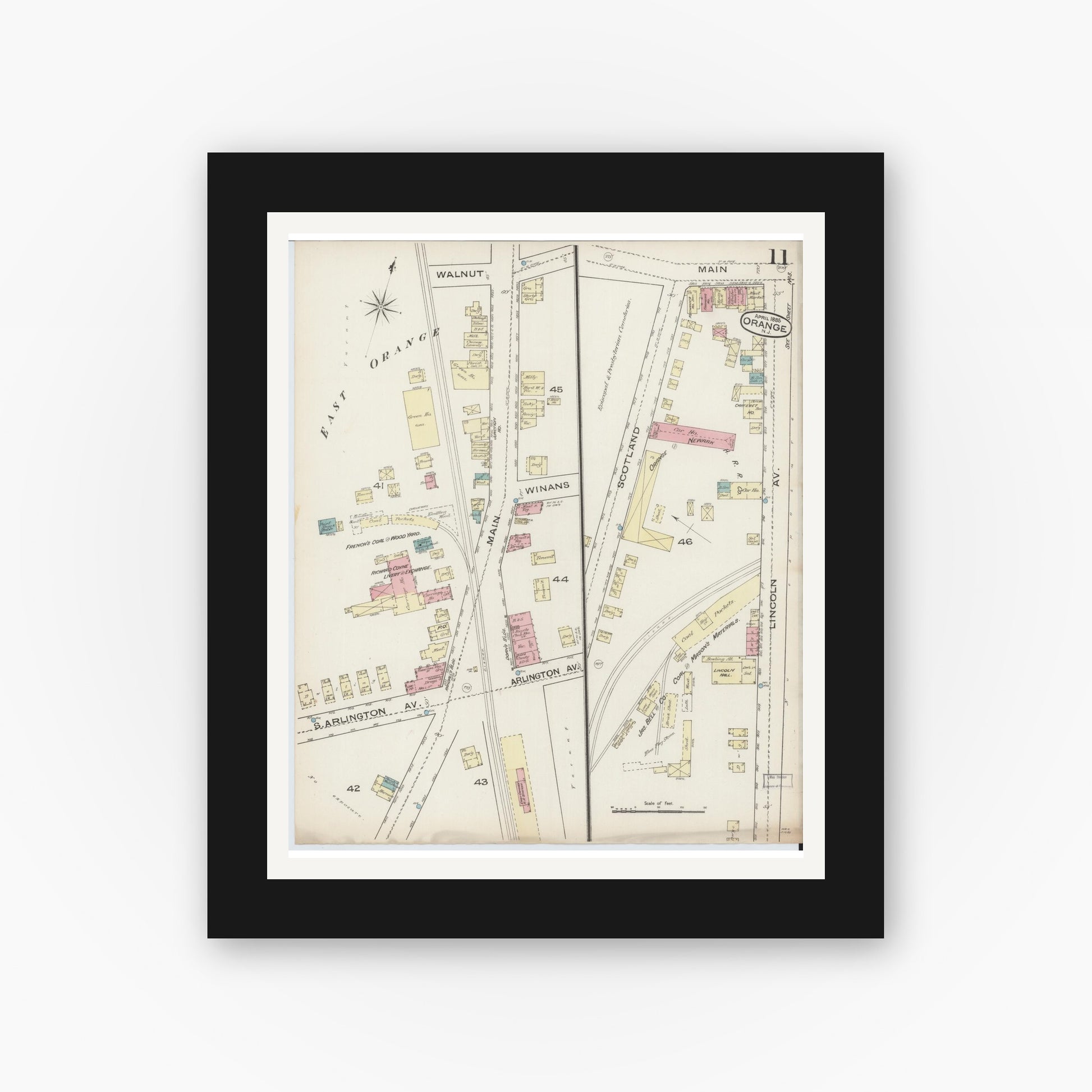 Old map wall art mockup — black gallery frame with white mat — Sanborn Fire Insurance Map from Orange, Essex County, New Jersey (1885), Sheet #0011