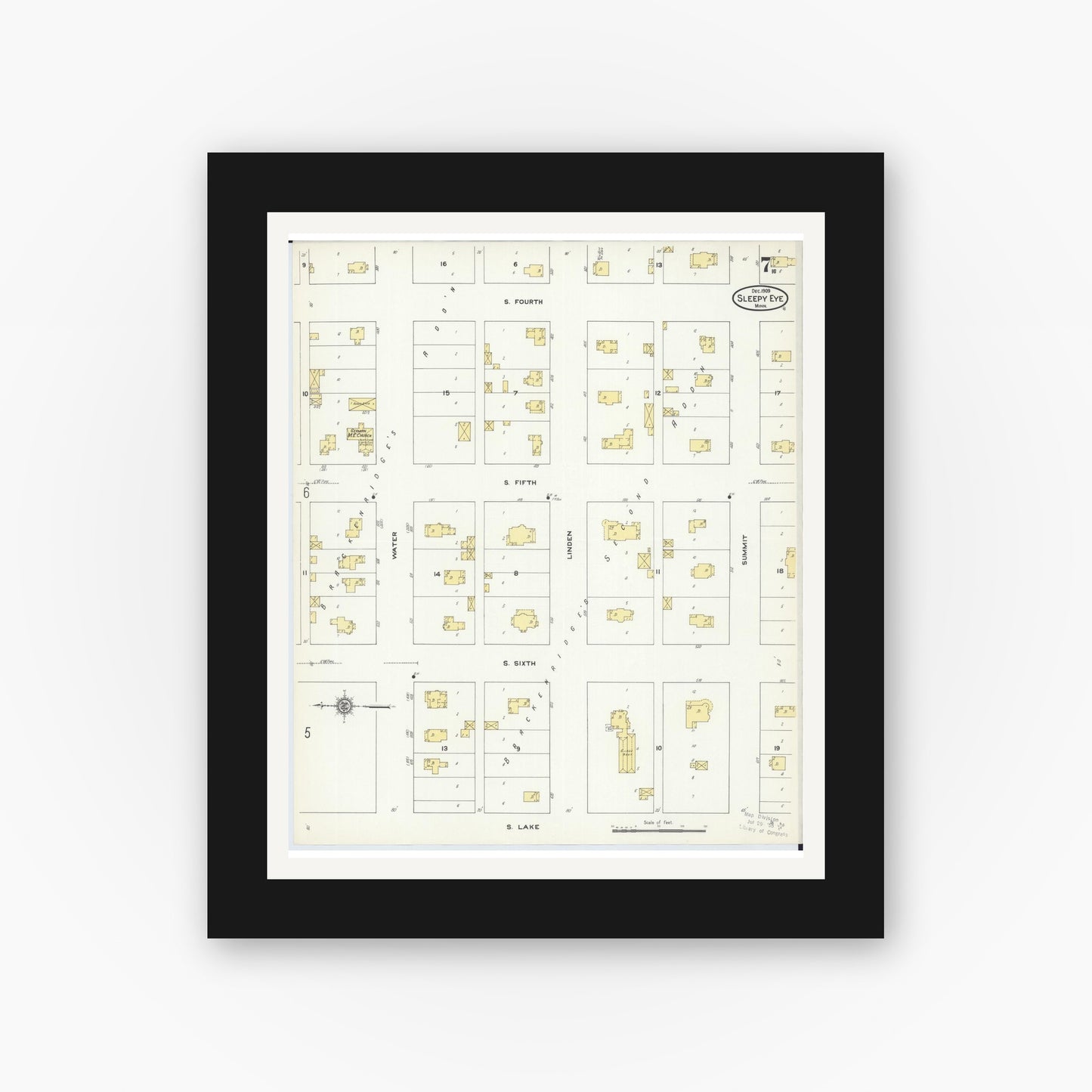 Old map wall art mockup — black gallery frame with white mat — Sanborn Fire Insurance Map from Sleepy Eye, Brown County, Minnesota (1909), Sheet #0007