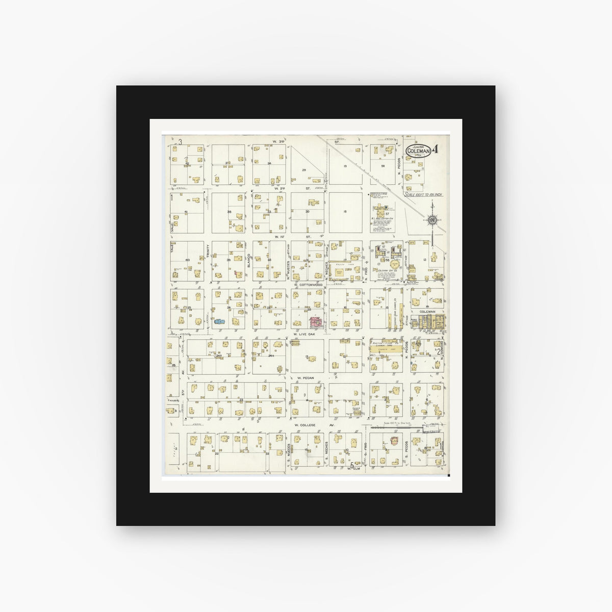 Old map wall art mockup — black gallery frame with white mat — Sanborn Fire Insurance Map from Coleman, Coleman County, Texas (1916), Sheet #0004